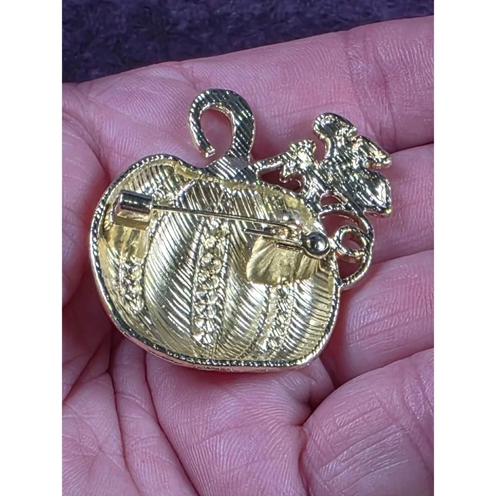 Orange Pumpkin Rhinestone Enamel Gold Tone Pin Brooch Fall Halloween